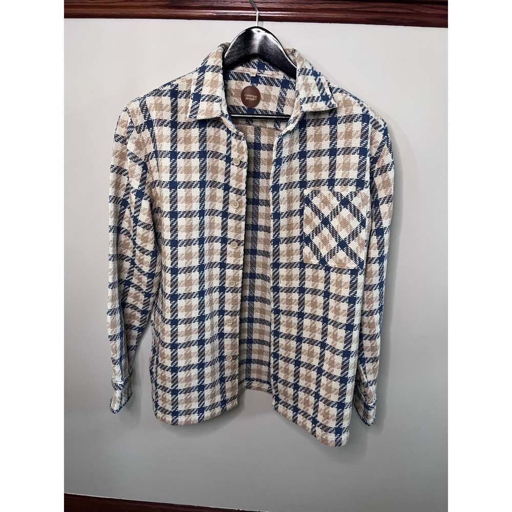 Common People Mens Blue Tan Plaid Flannel Shirt Jacket Button Down Size M
